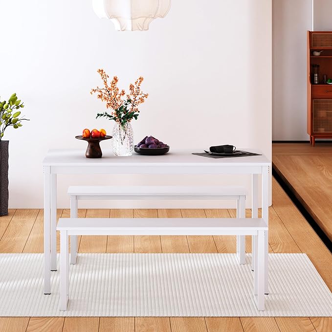 sogesfurniture Kitchen Table Set with 2 Benches, Dining Table Set for 4, 3 Piece Dining Room Set Industrial Style Furniture, Wooden Kitchen and Dining Set, Dining Table with Benches,White - LeafyLoom