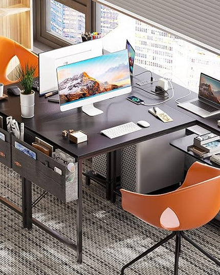 ODK 40 Inch Small L Shaped Gaming Computer Desk with Power Outlets, Reversible Storage Shelves & PC Stand for Home Office, Simple Writing Study Table with Storage Bag for Small Space, Black - LeafyLoom