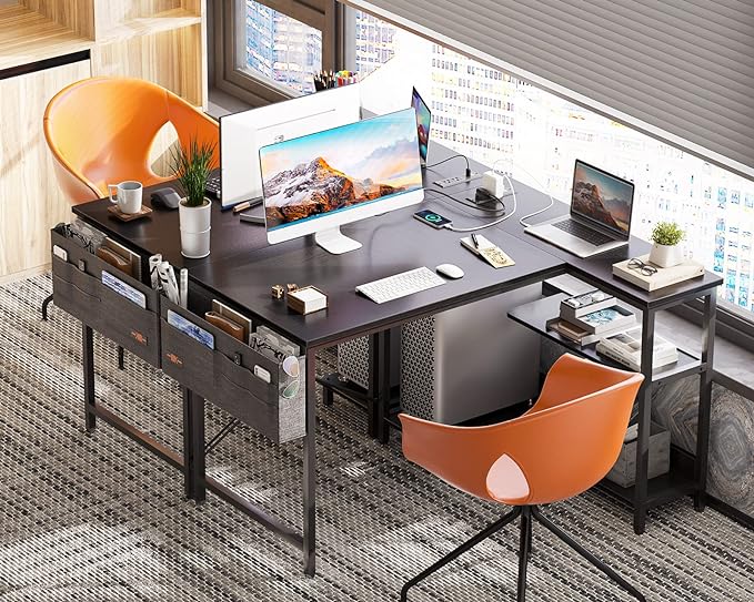 ODK 40 Inch Small L Shaped Gaming Computer Desk with Power Outlets, Reversible Storage Shelves & PC Stand for Home Office, Simple Writing Study Table with Storage Bag for Small Space, Black - LeafyLoom