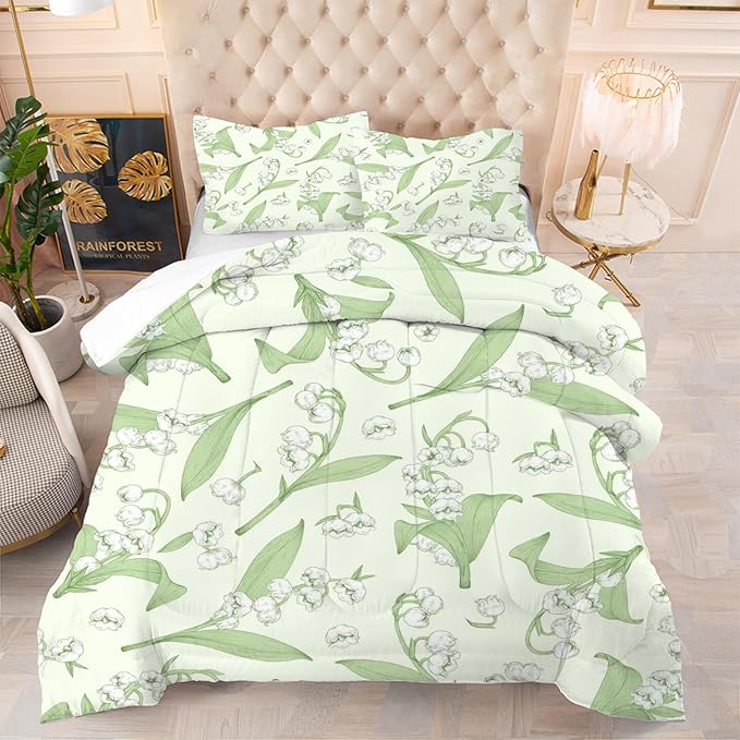 kxry Green Flower Comforter Sets Bedding Sets King Size Comforter Set for Girls Women Kids 1 Comforter + 2 Pillow Case - LeafyLoom