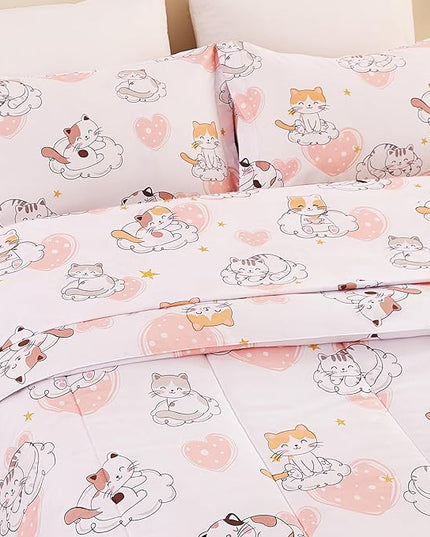 Cat Kids Comforter Set for Girls Twin, Cute Quilted Pink Heart Printed Bedding Set with Pillow Sham, Lightweight Soft Breathable Machine Washable Bed Set 2 Piece - LeafyLoom