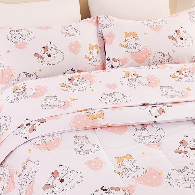 Cat Kids Comforter Set for Girls Twin, Cute Quilted Pink Heart Printed Bedding Set with Pillow Sham, Lightweight Soft Breathable Machine Washable Bed Set 2 Piece - LeafyLoom