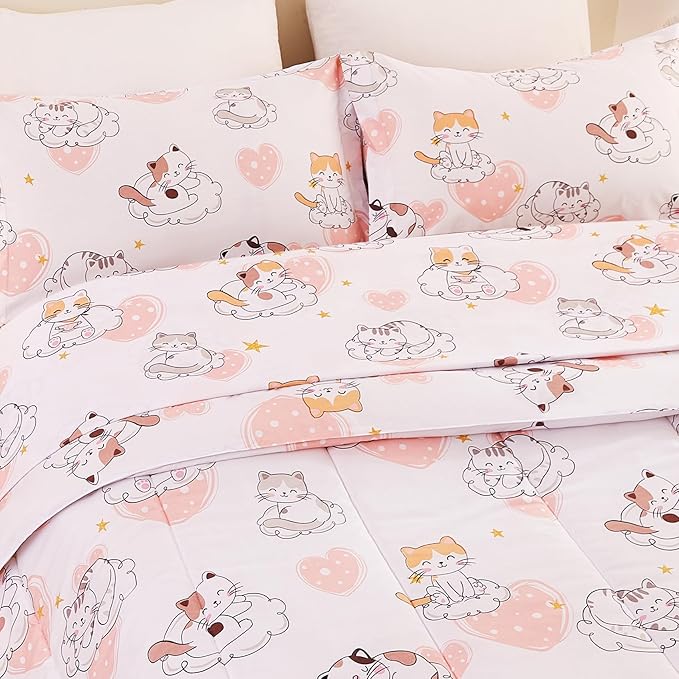Cat Kids Comforter Set for Girls Full Size, Cute Quilted Pink Heart Printed Bedding Set with Pillow Sham, Lightweight Soft Breathable Machine Washable Bed Set 3 Piece - LeafyLoom