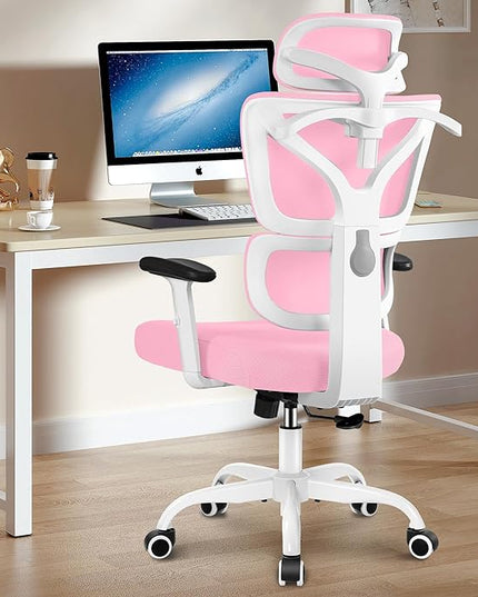 Office Chair Ergonomic Desk Chair, High Back Gaming Chair, Big and Tall Reclining chair Comfy Home Office Desk Chair Lumbar Support Breathable Mesh Computer Chair Adjustable Armrests (Pink) - LeafyLoom