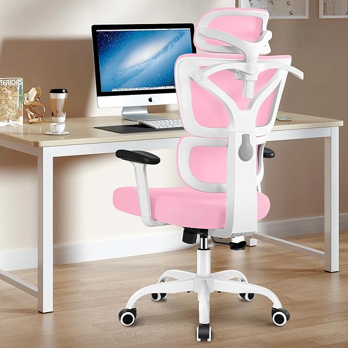 Office Chair Ergonomic Desk Chair, High Back Gaming Chair, Big and Tall Reclining chair Comfy Home Office Desk Chair Lumbar Support Breathable Mesh Computer Chair Adjustable Armrests (Pink) - LeafyLoom