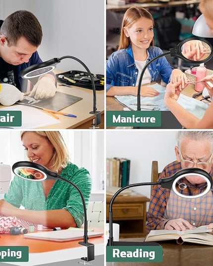 NZQXJXZ Large 2-in-1 Magnifying Glass with 72 LEDs Light and Stand 20X 10X Magnifying Lamp with Large Base and Clamp, 3 Color Modes and 10 Stepless Dimmable, Hands Free Desk Magnifier for Close Work - LeafyLoom