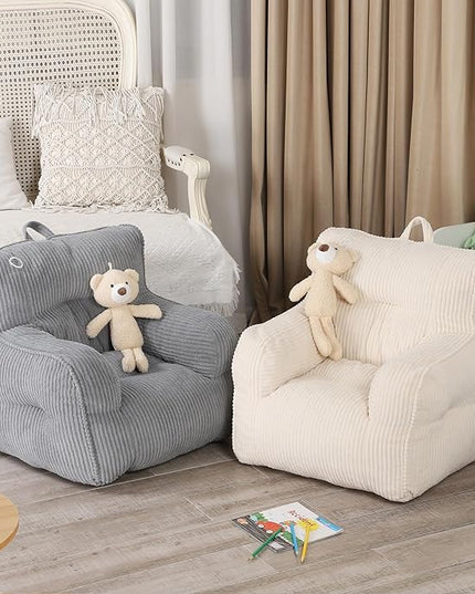 Kids Bean Bag Chair with a Plush Bear, Comfy Toddler Chair for Boys and Girls, Grey - LeafyLoom