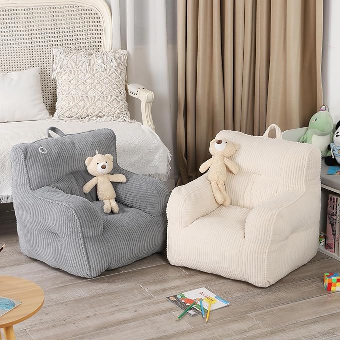 Kids Bean Bag Chair with a Plush Bear, Comfy Toddler Chair for Boys and Girls, Grey - LeafyLoom