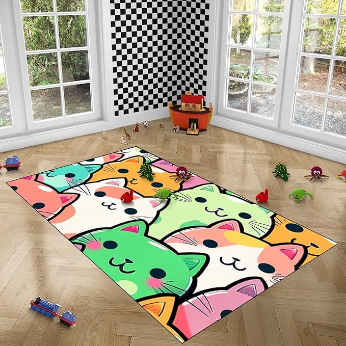 Cat Rug for Girls Room - Cat Pattern Rug Decor for Bedroom Cute Cat Area Rug Carpet Cartoon Cat Rug Kids Room, 2.5x4 Feet - LeafyLoom