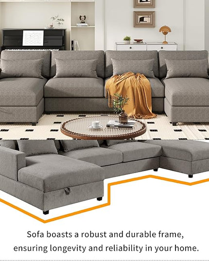UBGO Modular Sectiona Oversized, Living Room Furniture Sets, couches with 2 Chaise w/Storage 4 Lumbar Support Pillows Space Dorm Apartment-Gray, 128.3" Large U-Shape Sectional Sofa, Grey a - LeafyLoom
