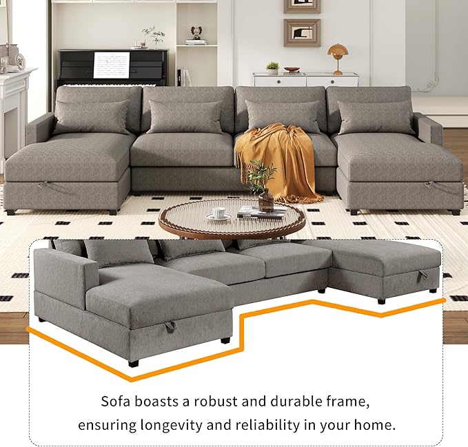UBGO Modular Sectiona Oversized, Living Room Furniture Sets, couches with 2 Chaise w/Storage 4 Lumbar Support Pillows Space Dorm Apartment-Gray, 128.3" Large U-Shape Sectional Sofa, Grey a - LeafyLoom