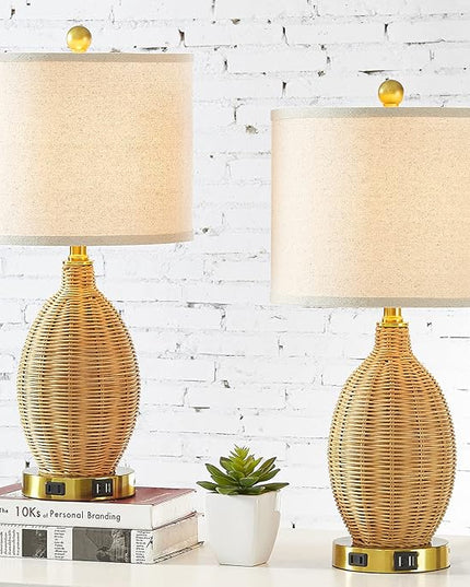 Touch Control Rattan Table Lamps, 3 Way Dimmable Bedside Lamps for Bedroom Set of 2 with 2 USB Ports and AC Outlet, Gold Wicker Nightstand Lamps for Living Room Office (LED Bulbs Included) - LeafyLoom