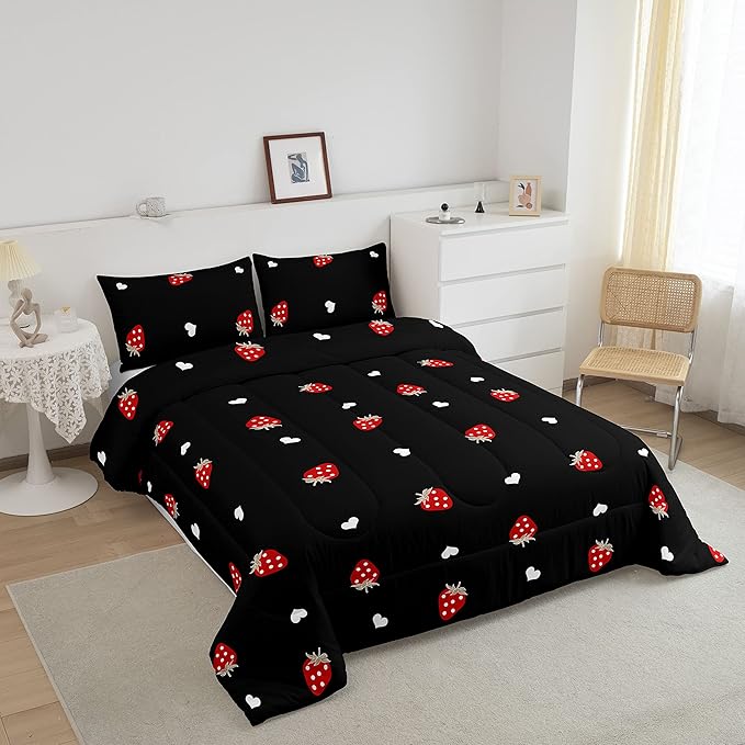 Erosebridal Strawberry Comforter Set Queen Size Red and Black Kawaii Strawberry Bedding Set for Kids Girls Women Bedroom Decor Children Cute Sweet Tropical Fruit Comforter Soft Reversible Bedding - LeafyLoom