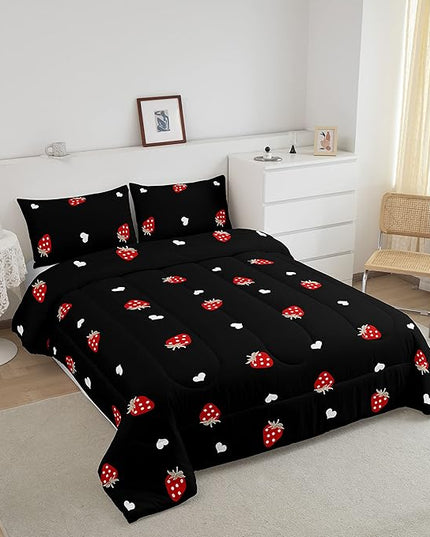 Kawaii Bedding Strawberry Comforter Set Twin Size Strawberry Decor Down Comforter Red Strawberry Bedding Set Cute Fruits Theme Sweet Strawberry Quilt Set Soft Reversible With 1 Pillowcase, Red Black - LeafyLoom