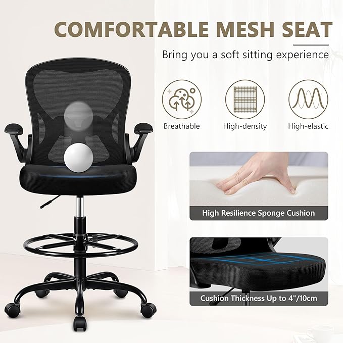 Drafting Chair, Tall Office Chair Ergonomic Standing Desk chair, Lumbar Support Computer Chair Swivel Task Rolling Chair with Adjustable Flip-up Armrests & Foot Ring (Black) - LeafyLoom