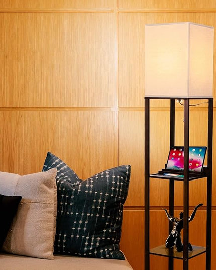 Brightech Maxwell Charger - Modern Shelf Floor Lamp with USB Charging Ports & Electric Outlet - Corner Display Floor Lamps with Shelves for Living Room, Bedroom and Office - Havana Brown - LeafyLoom