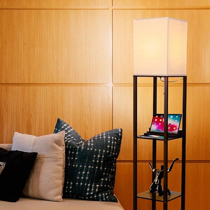 Brightech Maxwell Charger - Modern Shelf Floor Lamp with USB Charging Ports & Electric Outlet - Corner Display Floor Lamps with Shelves for Living Room, Bedroom and Office - Havana Brown - LeafyLoom