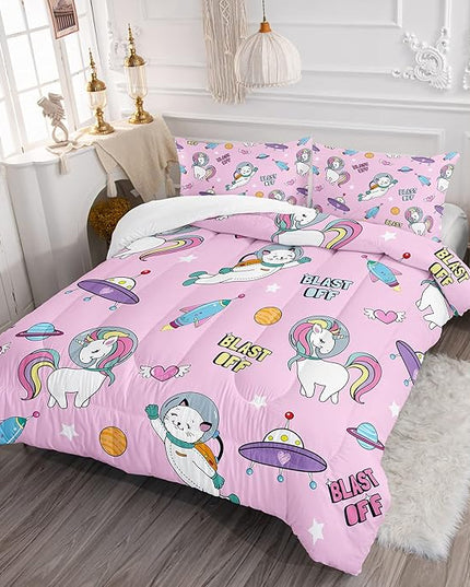 Kawaii unicorn Cat Comforter Set 3 Pieces Universe Galaxy Outer Space Bedding Set Astronaut Rocket Bed Quilt Set for Girls Boys Kids Pink - LeafyLoom