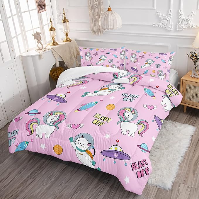 Kawaii unicorn Cat Comforter Set 3 Pieces Universe Galaxy Outer Space Bedding Set Astronaut Rocket Bed Quilt Set for Girls Boys Kids Pink - LeafyLoom