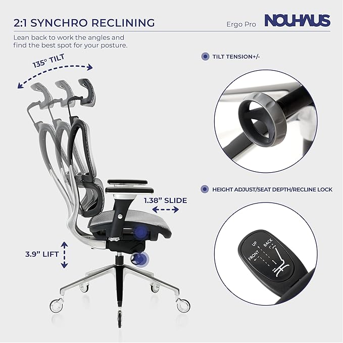 Nouhaus Ergonomic Office Chair Lumbar Support Aluminum Alloy Backrest, Big and Tall Mesh Computer Desk Chair with Adjustable Headrest, 4D Armrest and Premium Wheels(ErgoPRO,Silver) - LeafyLoom