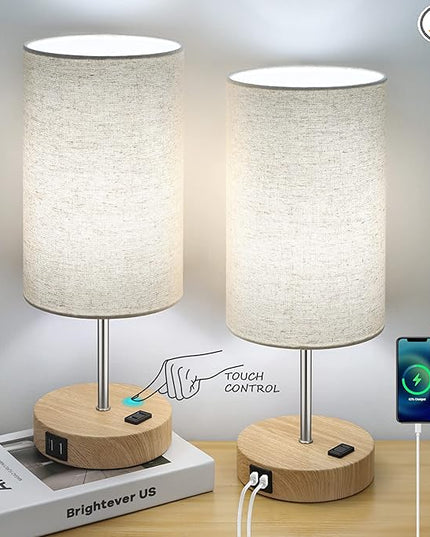 Bedside Table Lamps with 2 USB Charging Ports & AC Outlet, Set of 2 Touch Control Wooden Base Nightstand 3-Way Dimmable Lamps with Beige Fabric Shade for Bedroom, Living Room, A19 E26 Bulbs included - LeafyLoom