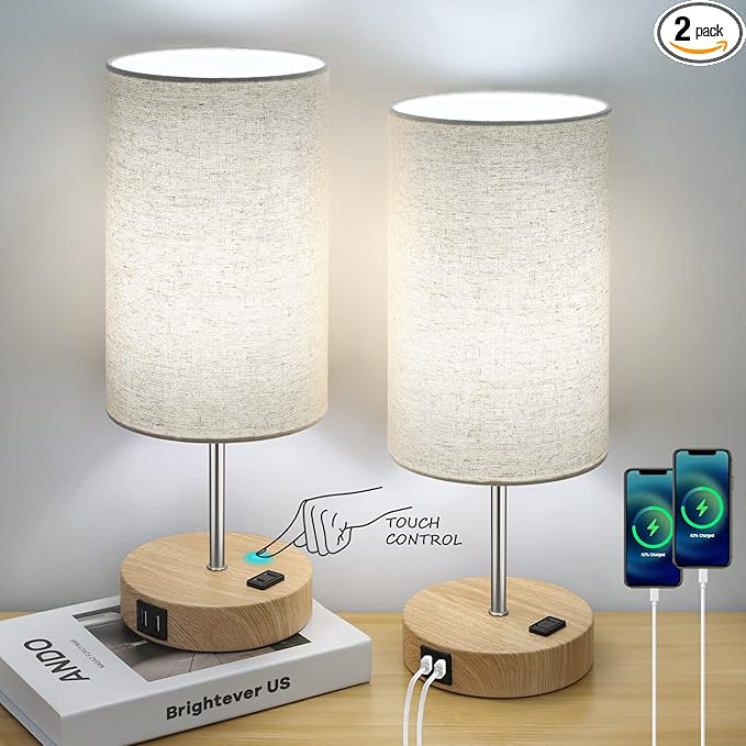 Bedside Table Lamps with 2 USB Charging Ports & AC Outlet, Set of 2 Touch Control Wooden Base Nightstand 3-Way Dimmable Lamps with Beige Fabric Shade for Bedroom, Living Room, A19 E26 Bulbs included - LeafyLoom
