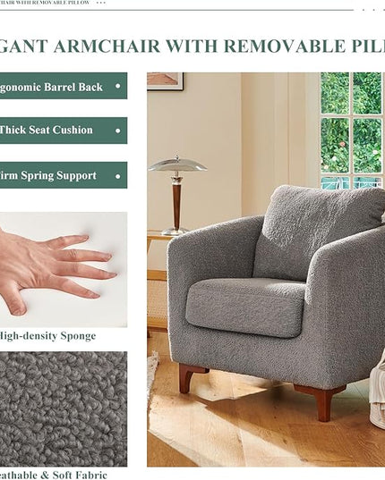 COLAMY Sherpa Accent Chairs with Storage Ottoman Set of 2, Upholstered Barrel Arm Chair with Footrest, Modern Living Room Chair with Back Pillow, Grey - LeafyLoom