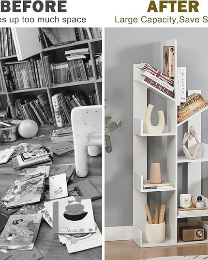 VECELO Tree Bookshelf,8 Shelf Storages Bookcase,Industrial Wooden Book Display Shelves for CDs/Movies/Books,FreeStanding Tree-Shaped Book Case Organizers for Home Office,Living Room,Ivory White - LeafyLoom