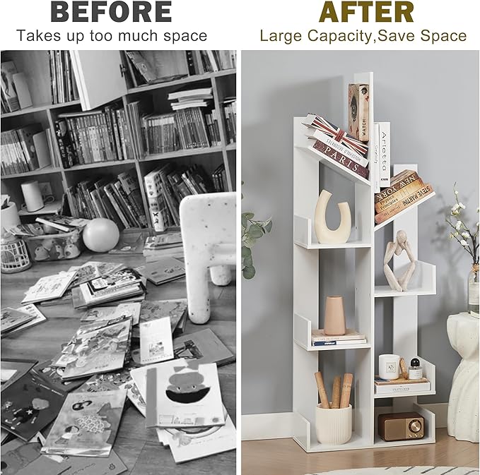 VECELO Tree Bookshelf,8 Shelf Storages Bookcase,Industrial Wooden Book Display Shelves for CDs/Movies/Books,FreeStanding Tree-Shaped Book Case Organizers for Home Office,Living Room,Ivory White - LeafyLoom