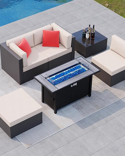 Shintenchi 5 Pieces Patio Furniture Sets w/45 inch Fire Pit Table, Outdoor Conversation Set w/50,000 BTU Steel Gas Fire Pit, Patio Sectional Sofa Set w/Glass Table &Ottoman - LeafyLoom