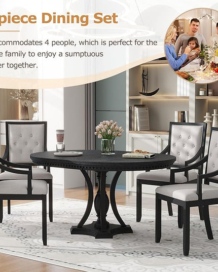 5-Piece Retro Elegant Extendable Round Dining Table Set with 4 Curved Armrest Upholstered Chairs for Kitchen, Breakfast Nook, Living Room, Oak, 42"-58" L x 42" W x 30" H, Black(Armchairs) - LeafyLoom