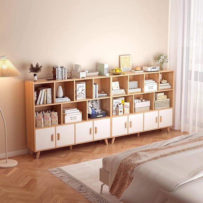 Cubby Shelf Bookcase with Doors - Wooden 11 Cube Floor Standing Open Bookshelf with Solid Wood Legs, 3-Tier Storage Cabinet, Oak and Warm White - LeafyLoom