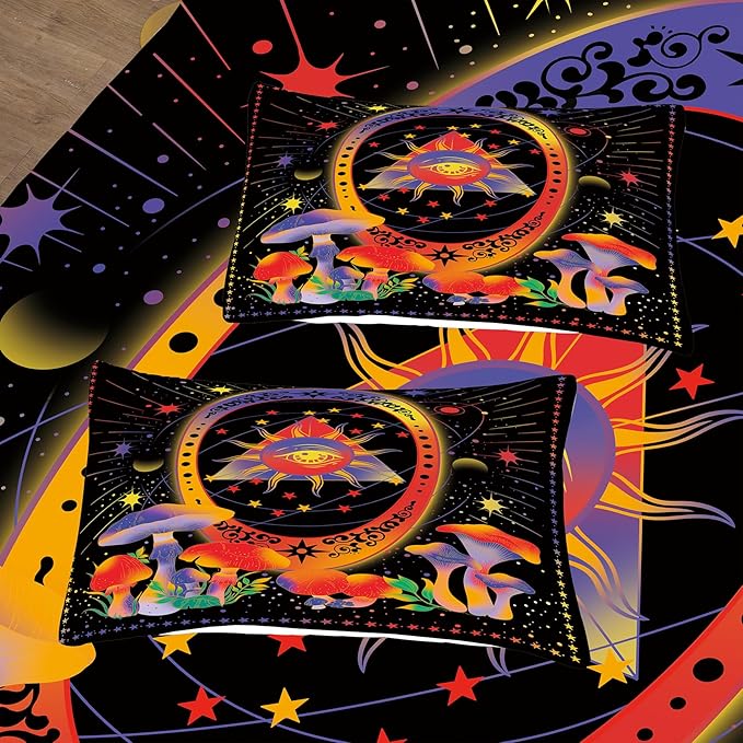 Tailor Shop Sun and Moon Bedding for Boys Girls Kids Teens,Celestial Bedding King Size,Mushroom Comforter Gothic Comforter Witchy Comforter Boho Exotic Black Bed with 2 Pillowcases - LeafyLoom