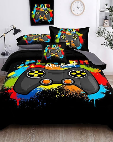 Kids Gaming Bedding Sets, 5 Piece Gamer Comforter Sets for Teens Boys Twin Size for Bedroom Comforter Set Adult 3D Gamepad Microfiber Bedding Sets Fits All Season Bedding Comforter Sets - LeafyLoom