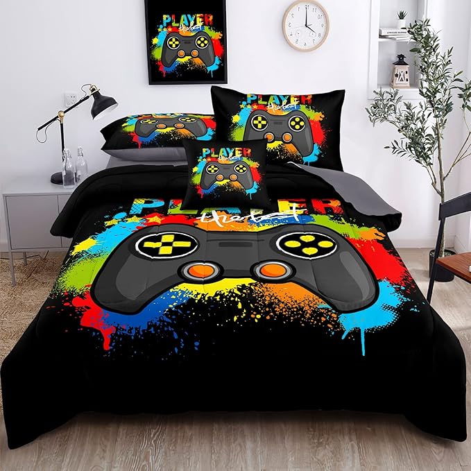 Kids Gaming Bedding Sets, 6 Piece Gamer Comforter Sets for Teens Boys Full Size for Bedroom Comforter Set Adult 3D Gamepad Microfiber Bedding Sets Fits All Season Bedding Comforter Sets - LeafyLoom