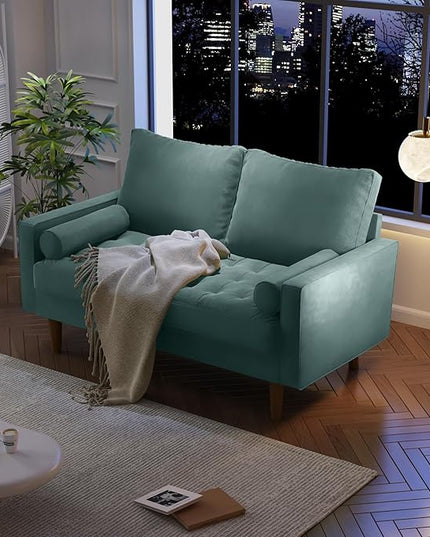 Velvet Furniture for Small Spaces, Mid-Century Modern Loveseats for Living Room, Love Seat Couch Sofas, 58 Inches, Aqua Turquoise - LeafyLoom