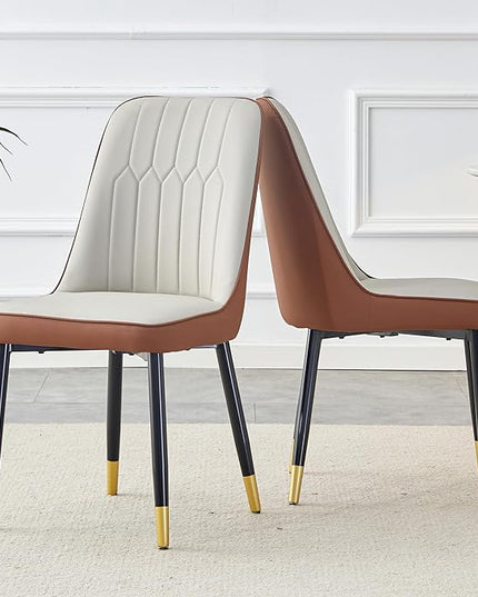 Modern Set of 2, Faux Leather Dining PU Upholstered Kitchen Chair with Black Golden Metal Legs for Home Living Room, Restaurant, 2 Piece, Brown+light Gray - LeafyLoom