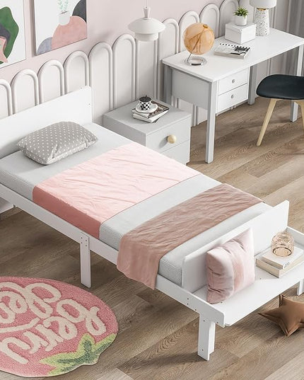Twin Bed with Footboard Bench, Twin Kid Bed with Headboard, Wood Slat Support, Cute Kid Bed Frame with Book Storage Space, Twin Car Bed for Boys Girls Bedroom, No Box Spring Needed, White - LeafyLoom