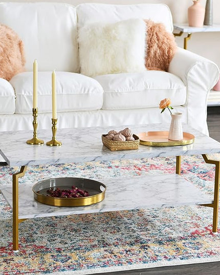 Household Essentials Crown Rectangular Coffee Table with Storage Shelf White Marble and Gold Metal - LeafyLoom