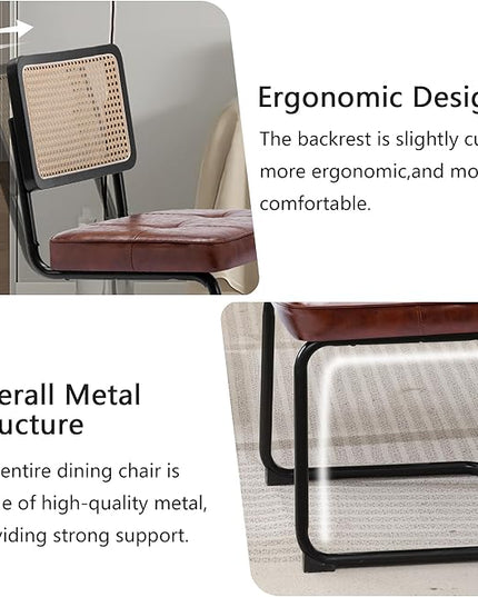 Rattan Dining Chairs Set of 2, Mid Century Modern PU Leather Dining Room Kitchen Chairs with Cane Back, Metal Chrome Legs, Upholstered Wicker Armless Accent Chairs, Brown - LeafyLoom