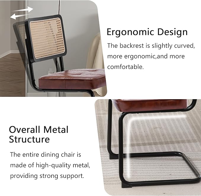 Rattan Dining Chairs Set of 2, Mid Century Modern PU Leather Dining Room Kitchen Chairs with Cane Back, Metal Chrome Legs, Upholstered Wicker Armless Accent Chairs, Brown - LeafyLoom
