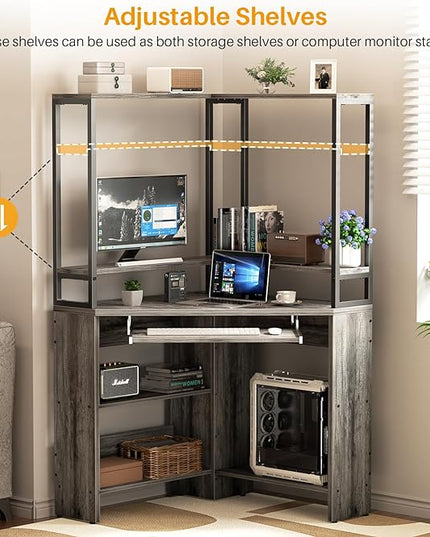 Cyclysio Small Corner Desk with Hutch, Heavy Duty Corner Computer Desk with Power Outlets & LED Light, Triangle Corner Gaming Desk with Keyboard Tray for Home Office, Small Space, Workstation Grey - LeafyLoom