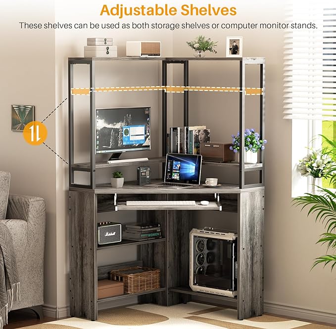Cyclysio Small Corner Desk with Hutch, Heavy Duty Corner Computer Desk with Power Outlets & LED Light, Triangle Corner Gaming Desk with Keyboard Tray for Home Office, Small Space, Workstation Grey - LeafyLoom