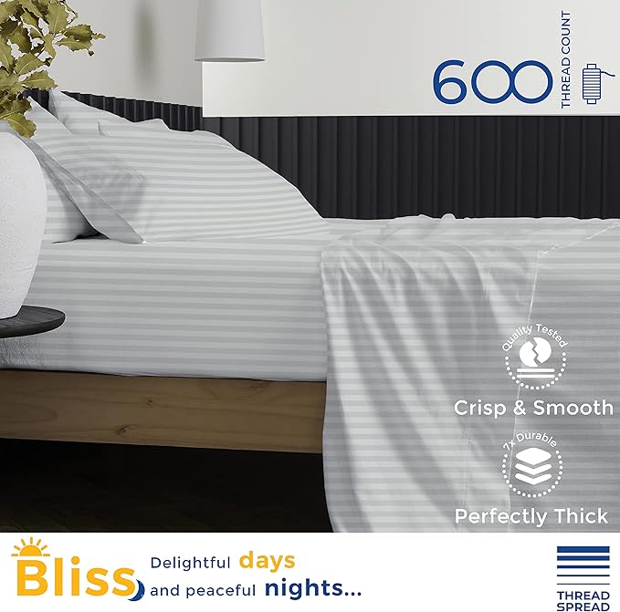 THREAD SPREAD Luxury Egyptian Cotton California King Stripe Sheet Set, 600 Thread Count Extra Long Staple 4 PC Set, Cal King Stripe Sheets, Soft, Cooling Striped Sheets Upto 18" Deep Pocket - Silver - LeafyLoom
