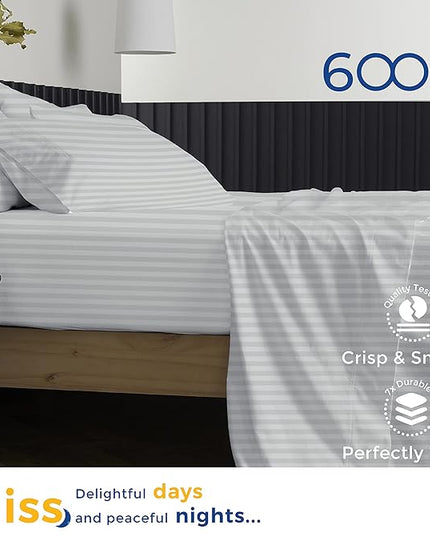 THREAD SPREAD Luxury Egyptian Cotton Twin Stripe Sheet Set - 600 Thread Count Extra Long Staple 3 PC Set, Twin Damask Sheets, Soft, Cooling Sateen Weave Striped Sheets Upto 18" Deep Pocket - Silver - LeafyLoom