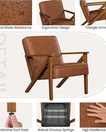 Yaheetech Accent Chair Faux Leather Armchair Lounge Chair with Wood Frame, Modern Retro Lounge Chair for Living Room/Office/Reception Area, Light Brown - LeafyLoom