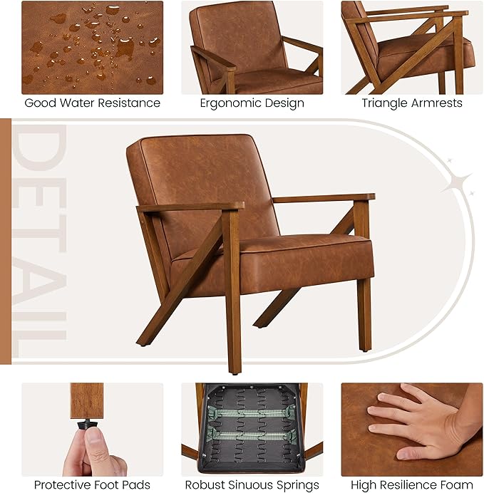 Yaheetech Accent Chair Faux Leather Armchair Lounge Chair with Wood Frame, Modern Retro Lounge Chair for Living Room/Office/Reception Area, Light Brown - LeafyLoom