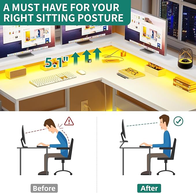 YITAHOME L Shaped Desk with Power Outlets & Hutch, Computer Desk with Drawers & LED Lights, Reversible Corner Office Desk with Printer Stand for Home Office, White - LeafyLoom