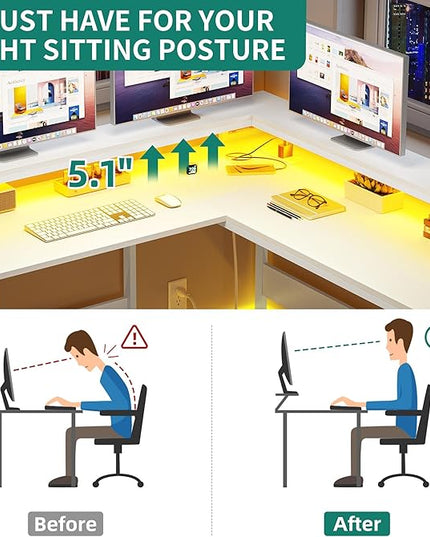 YITAHOME L Shaped Desk with Power Outlets & LED Lights, Reversible Computer Desk with Drawers & Hutch, Corner Desk Office Desk with Monitor Stand, Printer Stand, 2 Person Desk, White - LeafyLoom