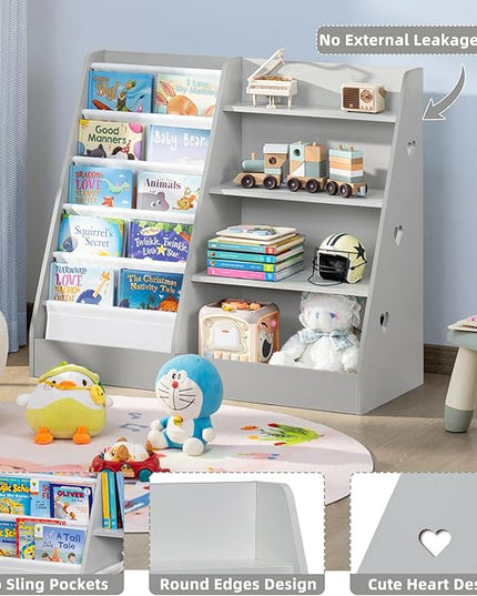 Lerliuo 4 Tier Kids Bookshelf and Storage Organizer, Five Layer Sling Children Bookcase, Baby Toddler Wooden Book Shelf, Display Cabinet for Playroom, Bedroom, Classroom, Nursery, School (Grey) - LeafyLoom